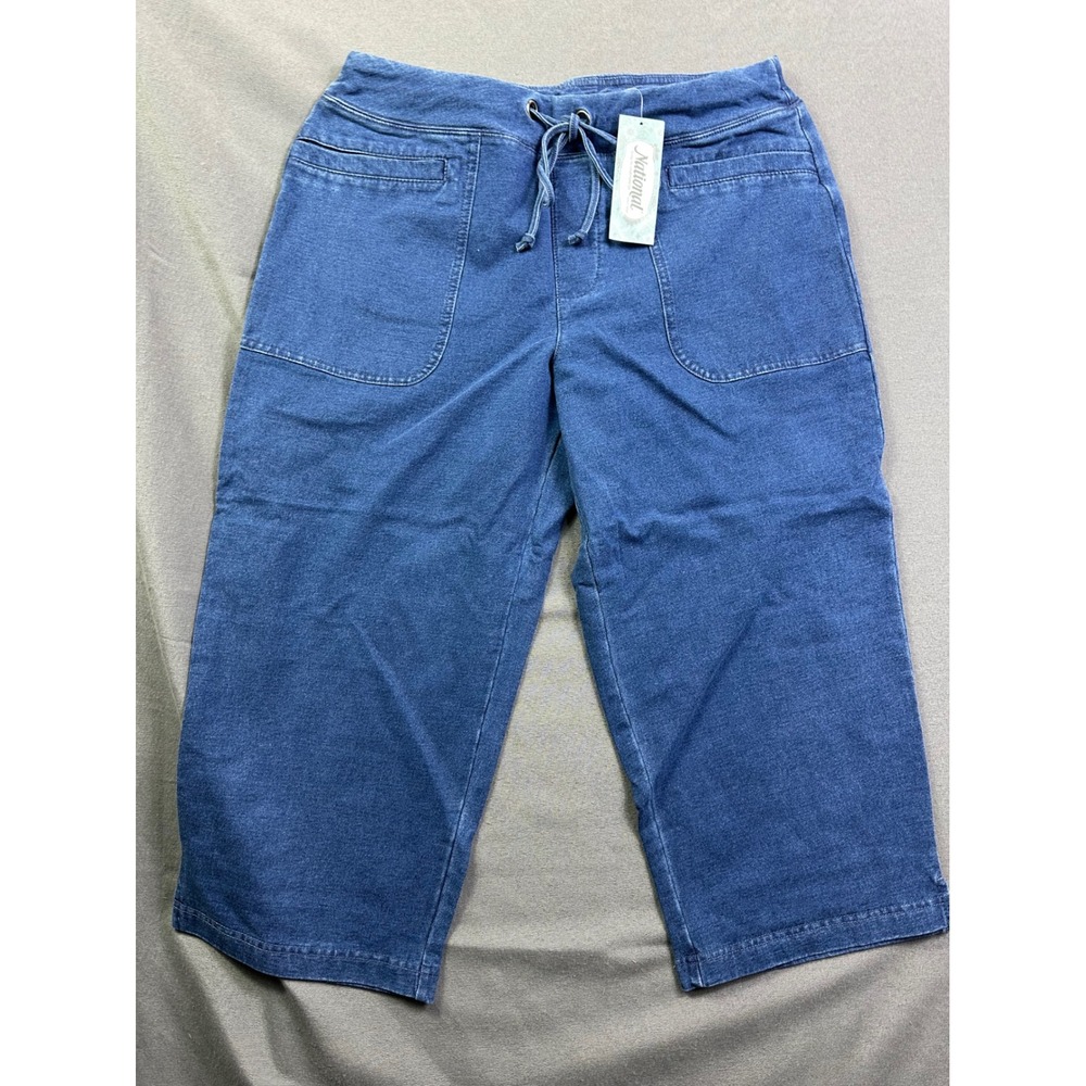 National Women 12P Stonewash Knit Denim Capri Pants Drawstring Crop Blue 23708